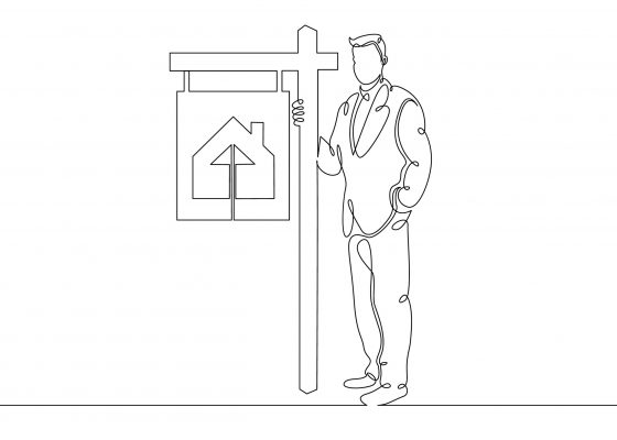 One continuous drawn single art line doodle sketch realtor stands in the signboards of a poster selling a cottage house . The concept of real estate sales